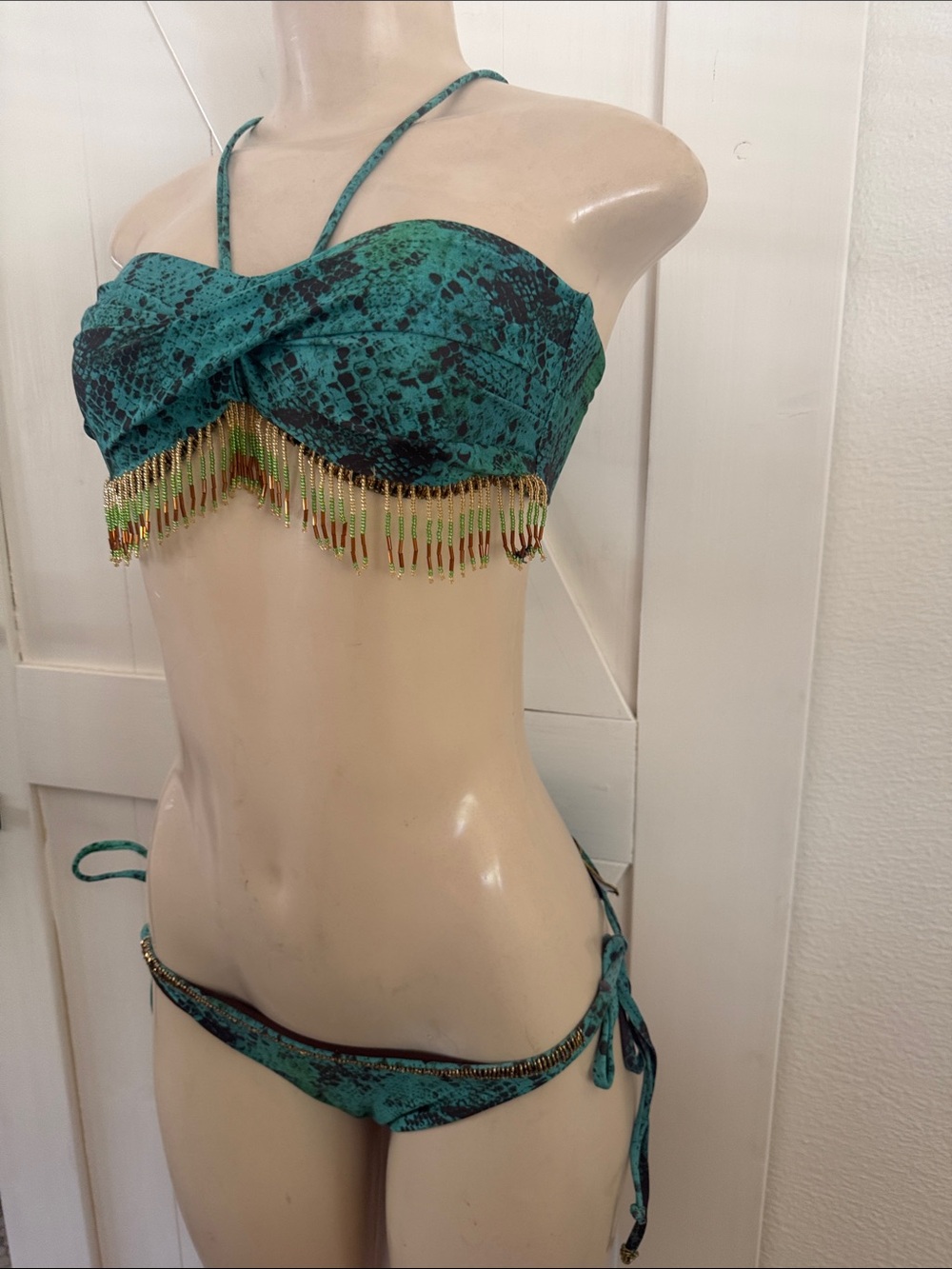 Green Snake Print w Beaded Fringe Tie Bikini Set - Women Swim M - Picture 9 of 11